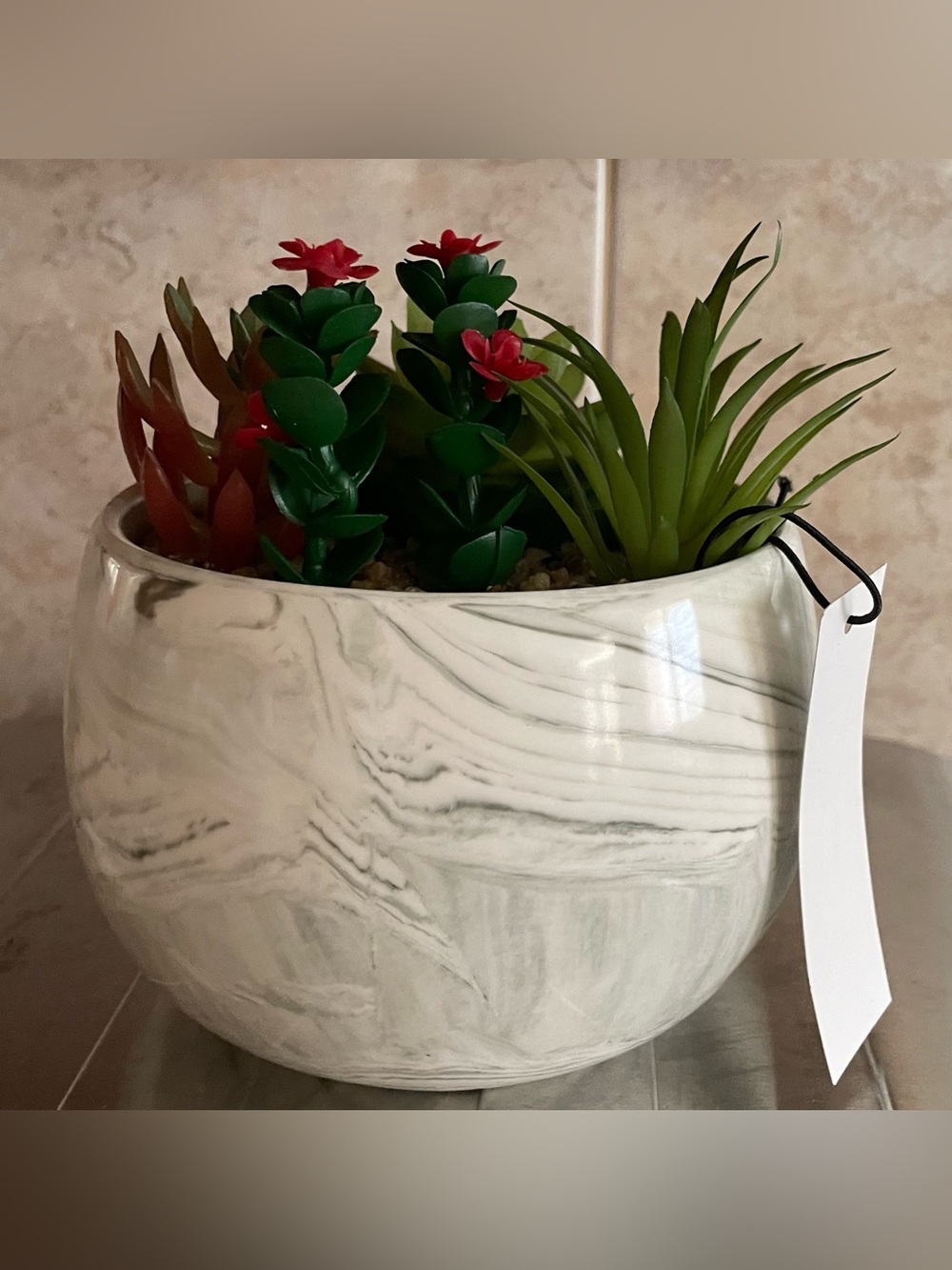 Marbled White Ceramic Planter with Red & Green Faux Succulents